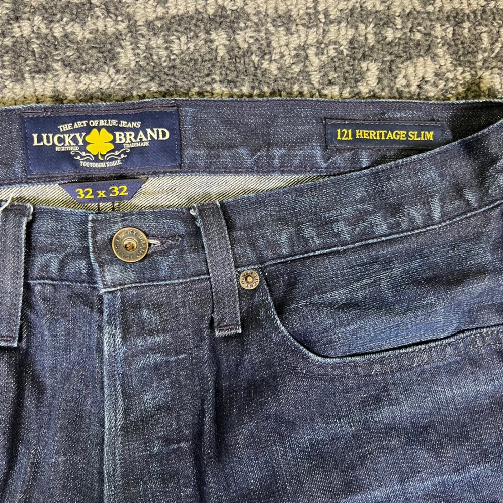 Lucky Brand 121 Heritage Slim Jeans Mens 32x32 Dark Indigo Denim Button Fly - Picture 4 of 14
